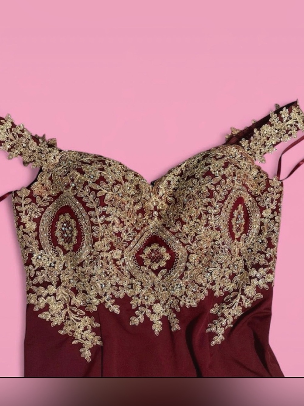 Burgundy Prom Dress with Gold Lace Appliqué